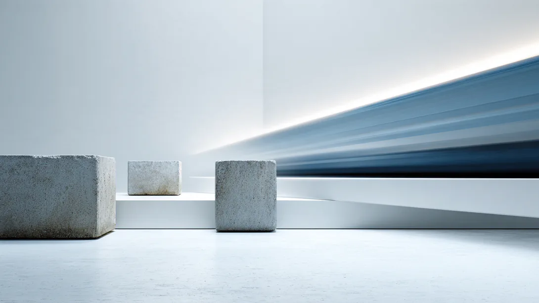 Pale concrete blocks on a white floor, with a streak of blue motion blur rushing past behind them.