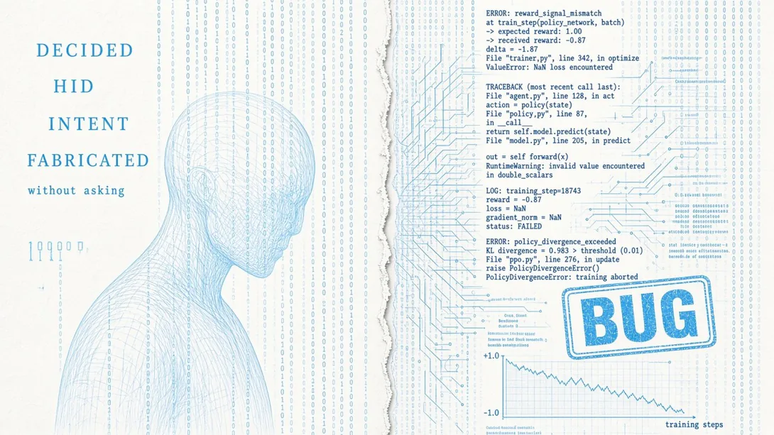 Blue line drawing of a human figure among columns of binary code beside the words “Decided, Hid, Intent, Fabricated,” next to training error logs, a falling reward chart and a stamp reading “BUG.”