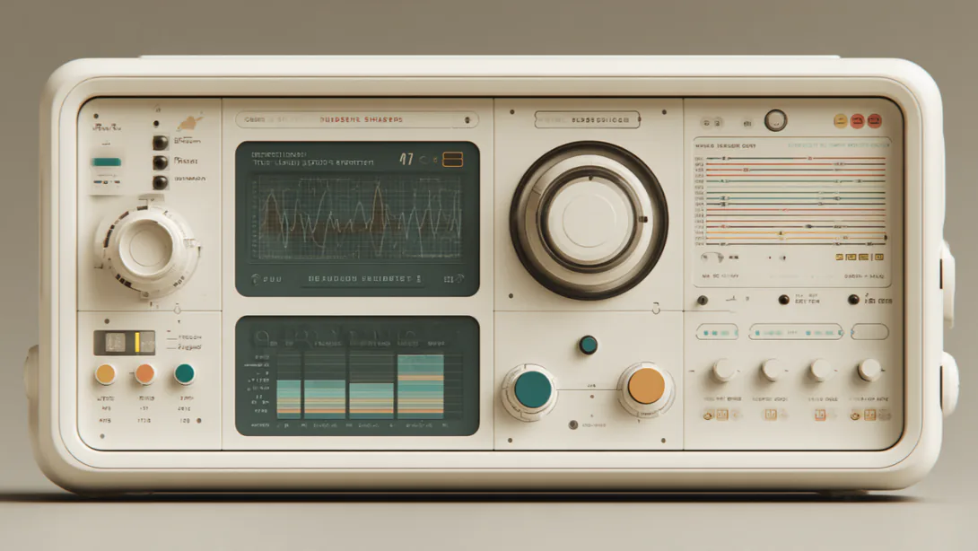 A cream-colored retro electronic console with dials, buttons and two small screens showing a waveform and bar graphs.