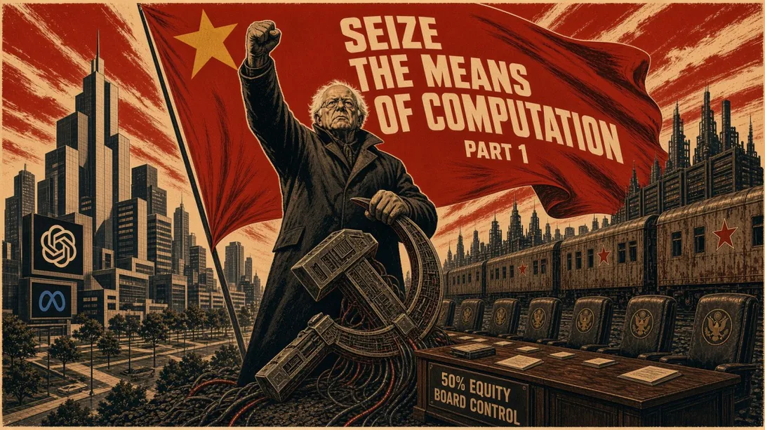Propaganda-poster parody: an older man raises a fist under a red flag reading “Seize the Means of Computation, Part 1,” between tech-company towers and a desk marked “50% Equity, Board Control.”
