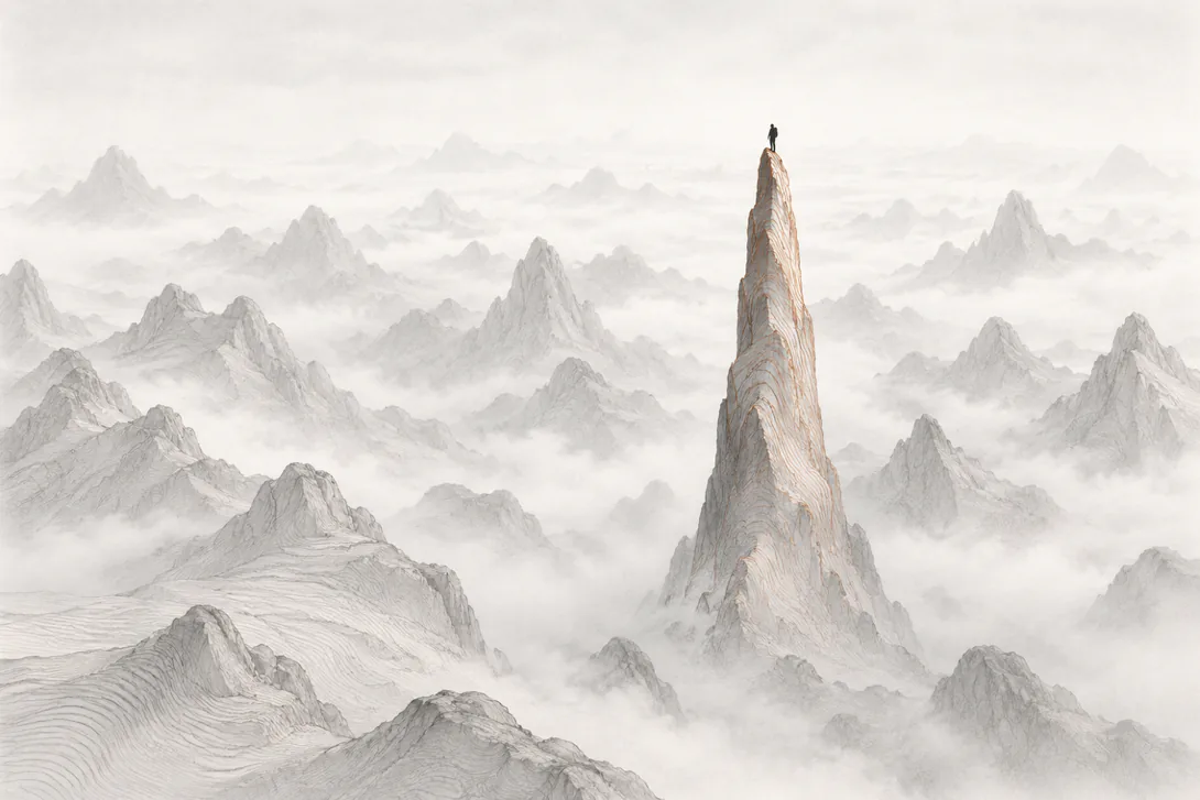 Pencil drawing of a single figure standing on top of a tall, sharp rock spire above a sea of misty mountain peaks.