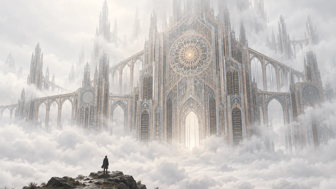 A lone figure on a rock looks up at a vast Gothic cathedral rising out of the clouds.