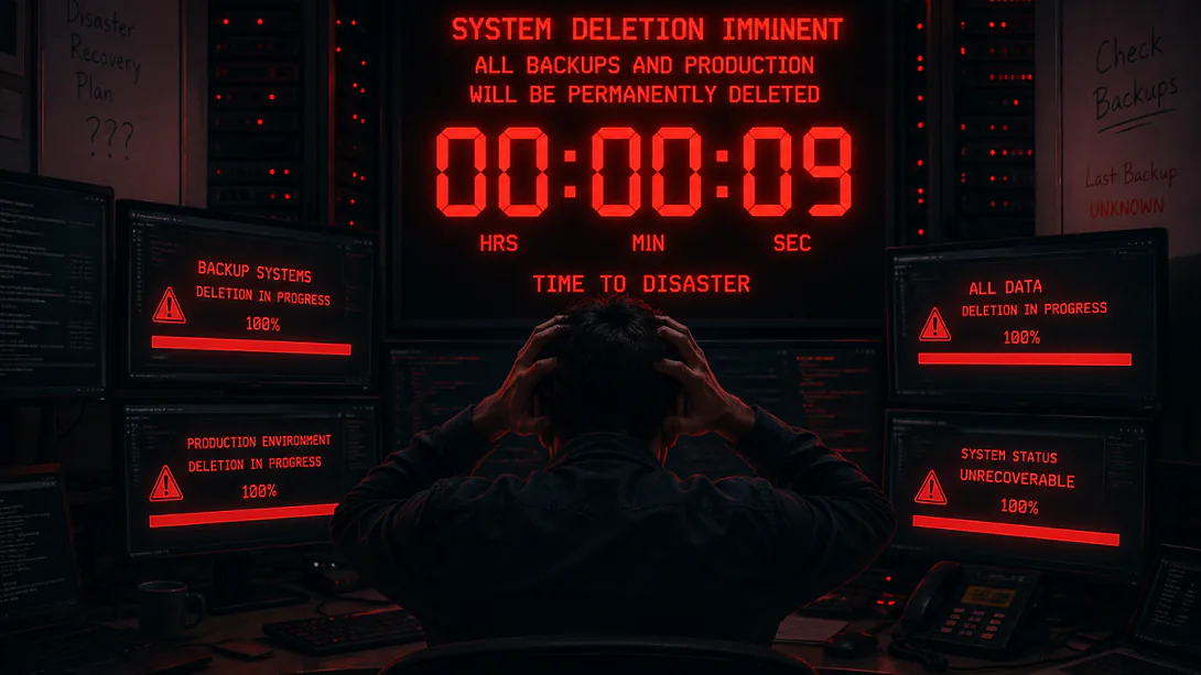A person holds their head in front of red warning screens and a countdown reading 00:00:09 under the words “System deletion imminent.”