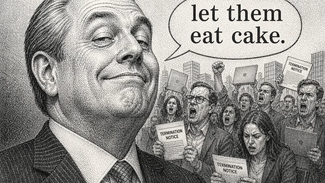 Engraving-style drawing of a smiling executive saying “let them eat cake” as a crowd of angry workers behind him holds up termination notices.