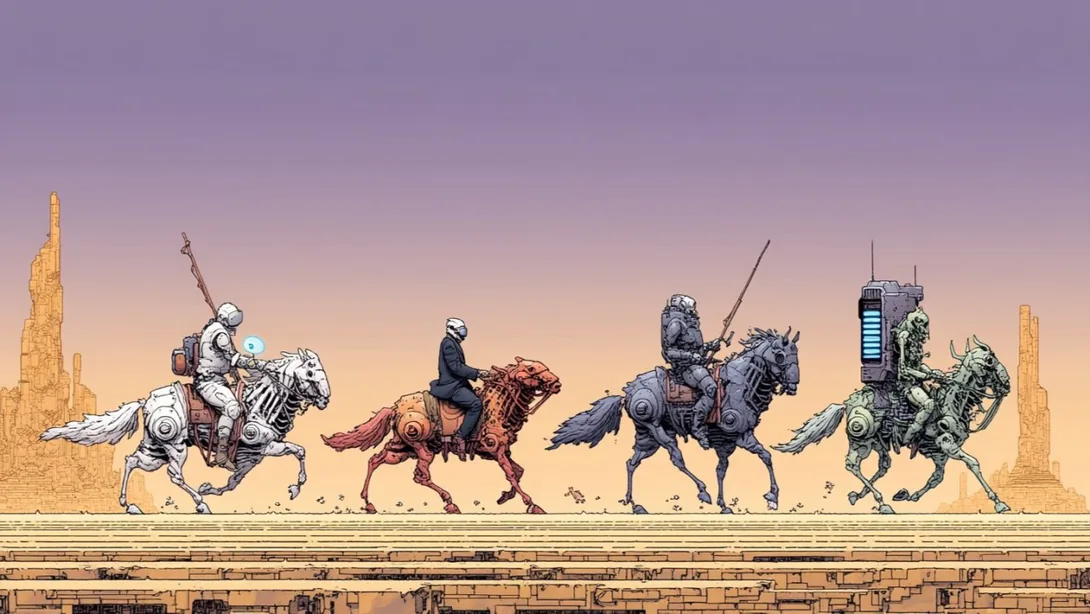 Four robed and armored riders on mechanical horses cross a desert at dusk, drawn in a comic-book style.