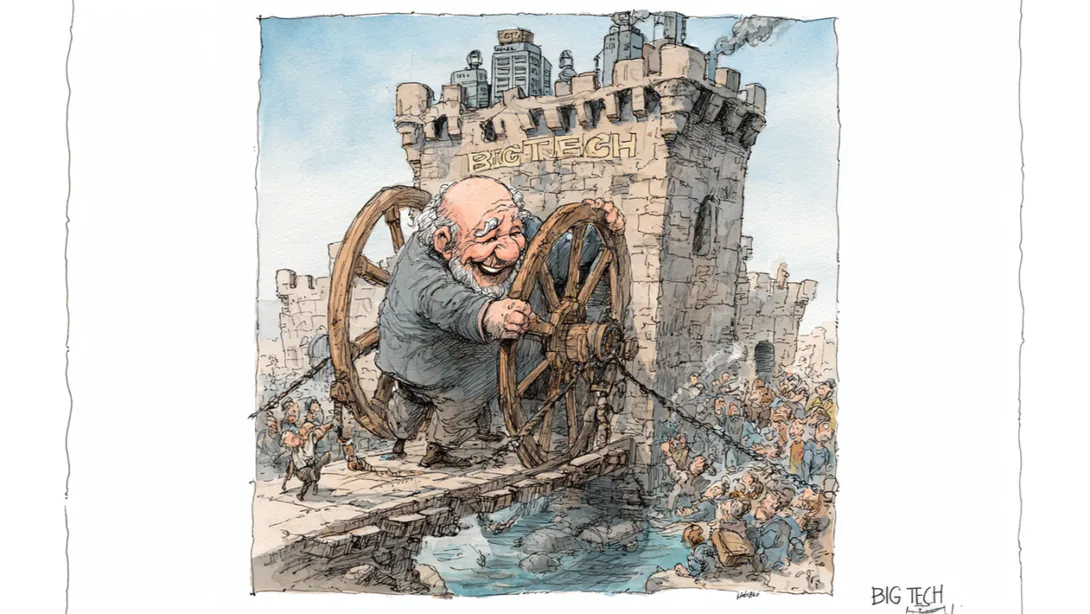 Watercolor cartoon of a grinning older man turning the drawbridge wheels of a castle labeled “Big Tech” while a crowd presses toward the gate.
