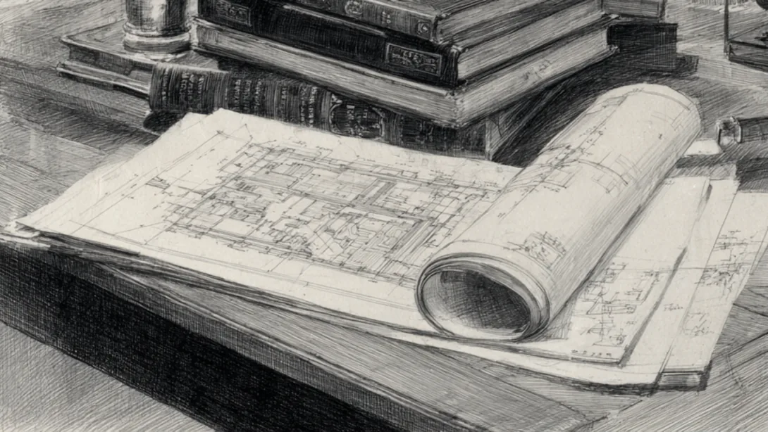 Pencil sketch of an unrolled architectural blueprint on a desk in front of a stack of old books.