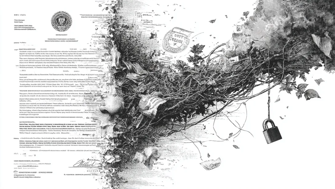 Ink drawing of a printed regulation page that tears apart into a tangle of vines and leaves, with a padlock hanging from a branch.