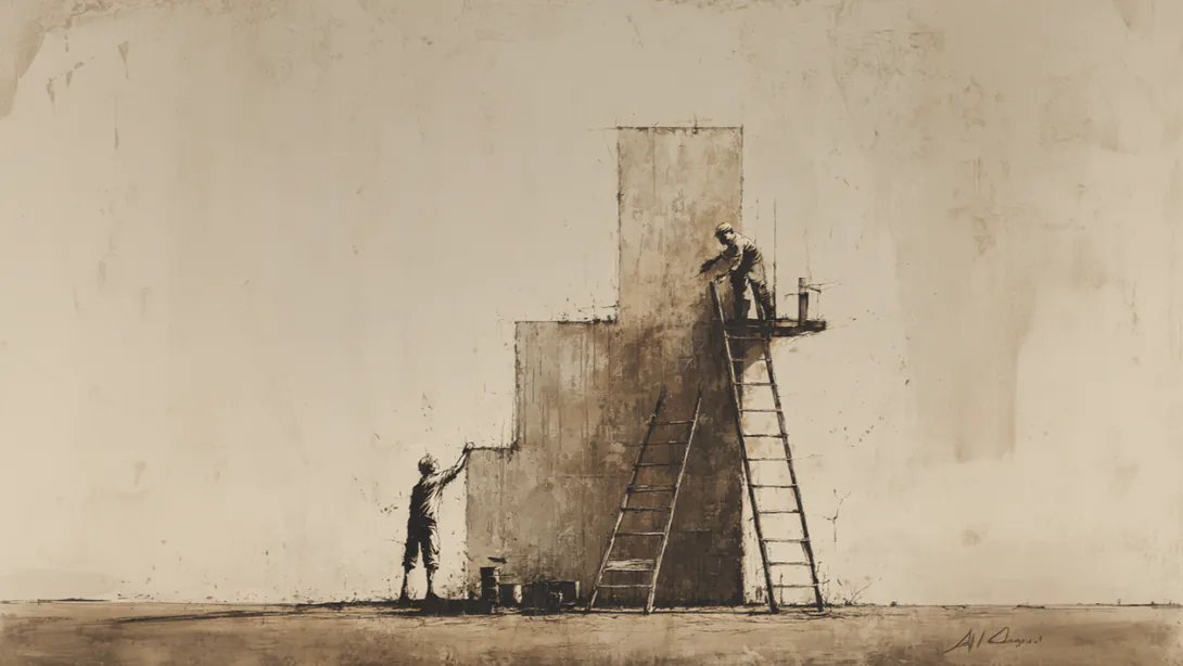 Sepia painting of two workers on ladders building up a tall stepped wall.