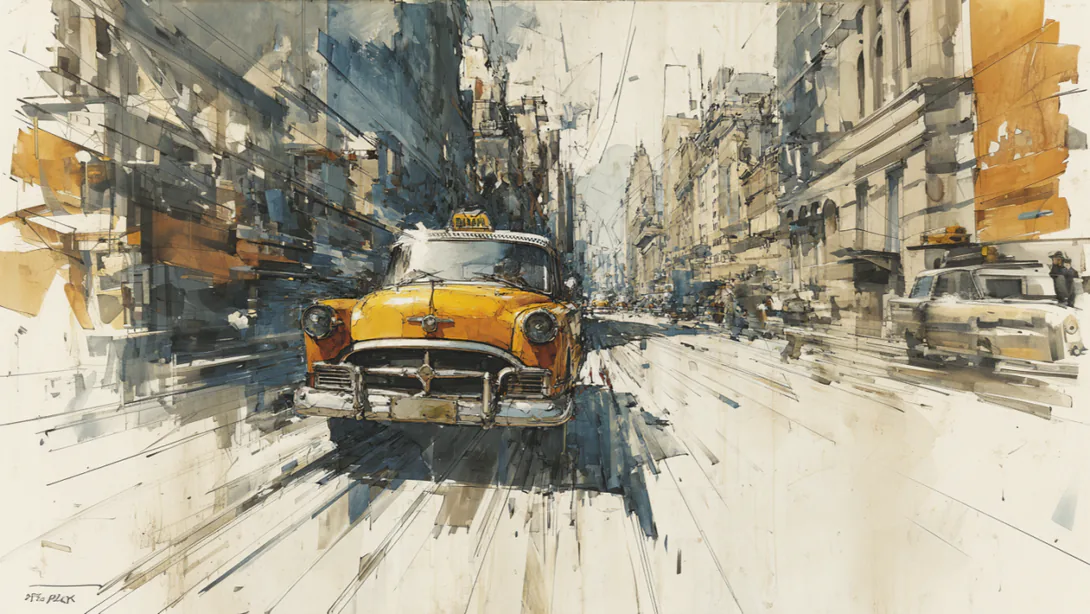 Loose watercolor sketch of a yellow taxi speeding down a busy city street.
