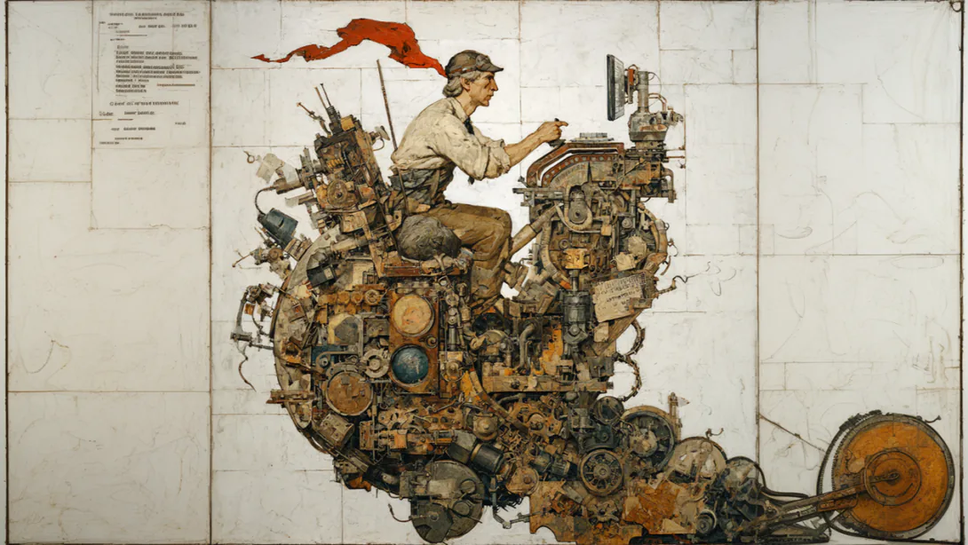 A worker in a cap steers a huge machine assembled from gears, dials and engine parts, with a red pennant flying above.