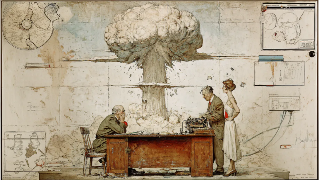 Painting in a mid-century illustration style: a man with his head in his hands at a desk while another types, with a mushroom cloud rising on the wall behind them.
