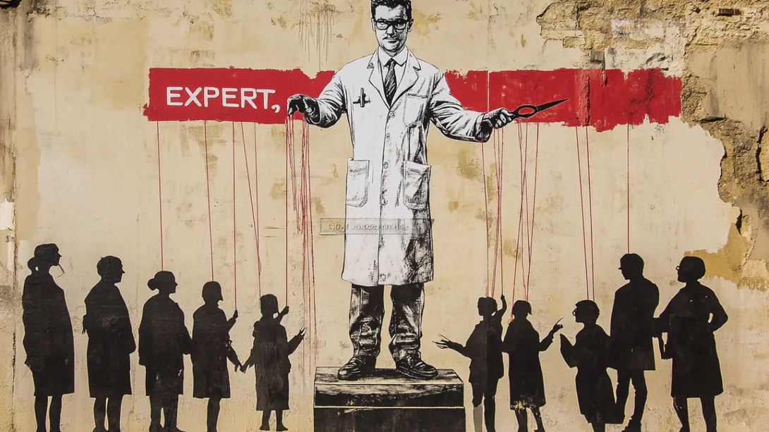 Street-art mural of a man in a lab coat under the word “Expert,” holding red strings tied to silhouettes of people around him.