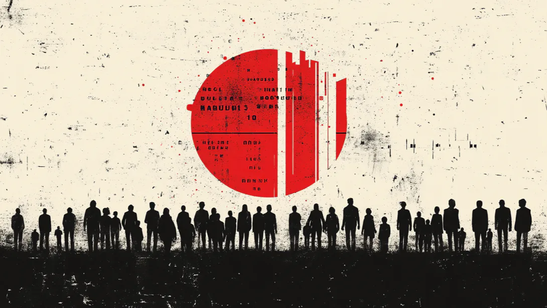 Silhouettes of a crowd under a large red circle overlaid with faded printed text.