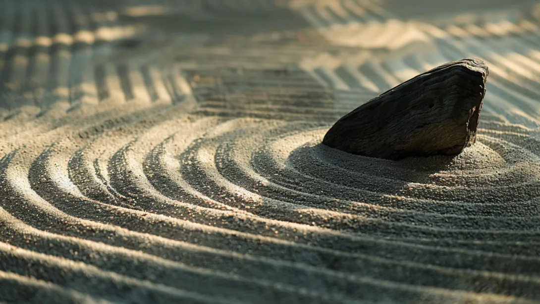Close-up of a rock in raked sand, with curved lines circling it in low light.
